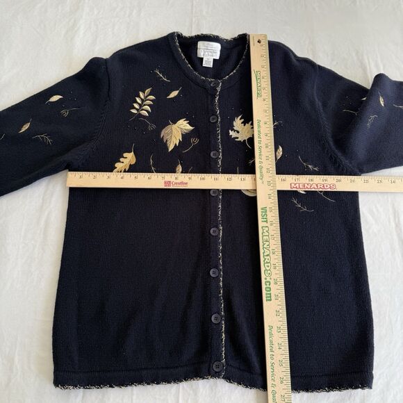 Y2K Christopher Banks Hand Embroidered Navy Gold Leaves Fall Cardigan Sweater XL - Picture 3 of 10